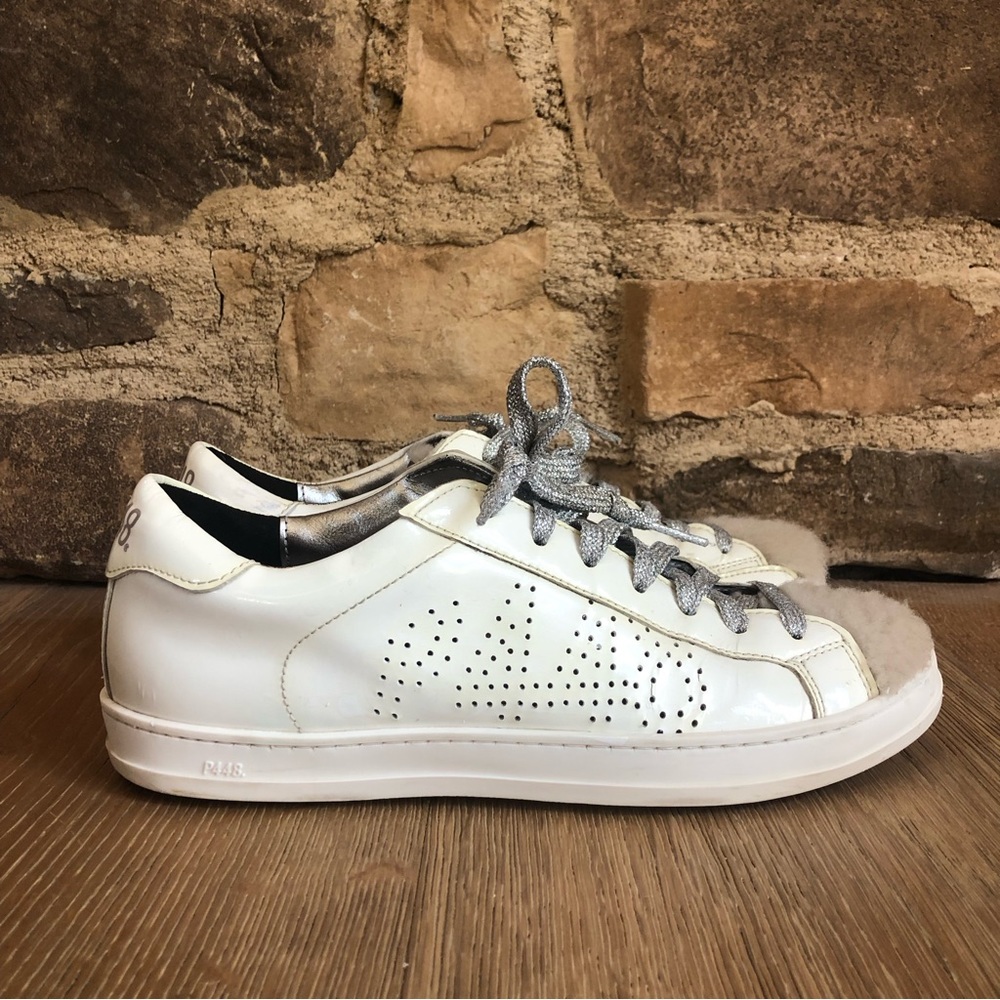 P448 John patent leather / faux fur white sneakers size 38 EU/7.5 Us price firm!